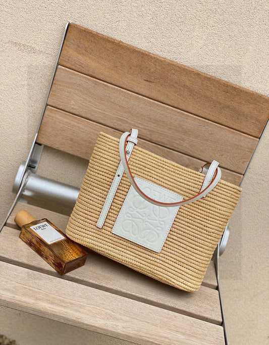 Loewe Small Square Basket Bag In Raffia And Calfskin NaturalWhite